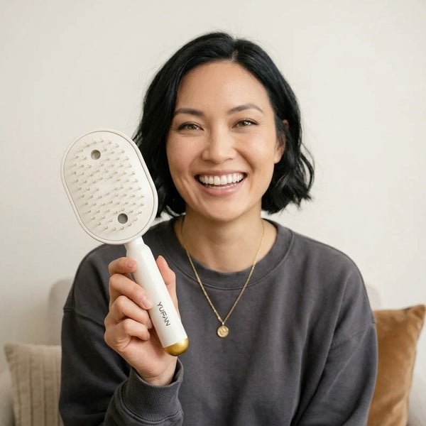 Customer holding her SteamGlow brush outdoors